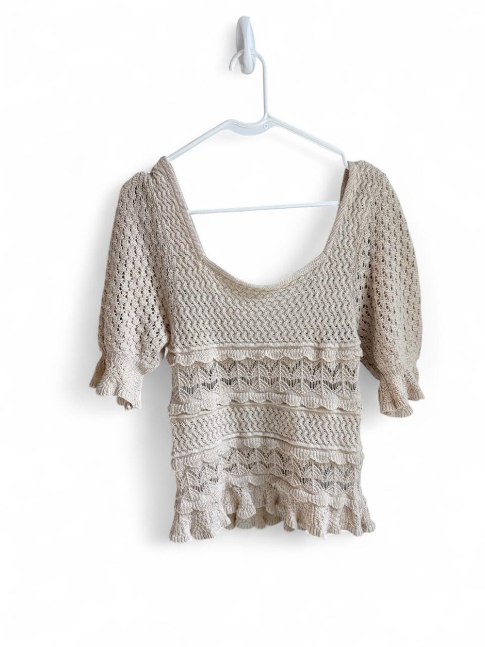 Koko + Mason Cream Crochet Knit Tiered Ruffle Puff Sleeve Blouse